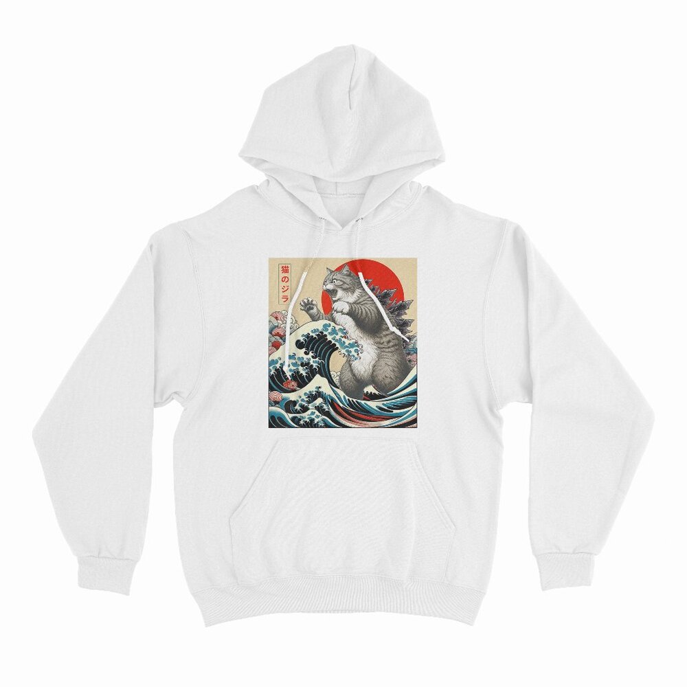 Catzilla Cat Japanese Art Funny Cat Gifts For Men Women Kid White Hoodie